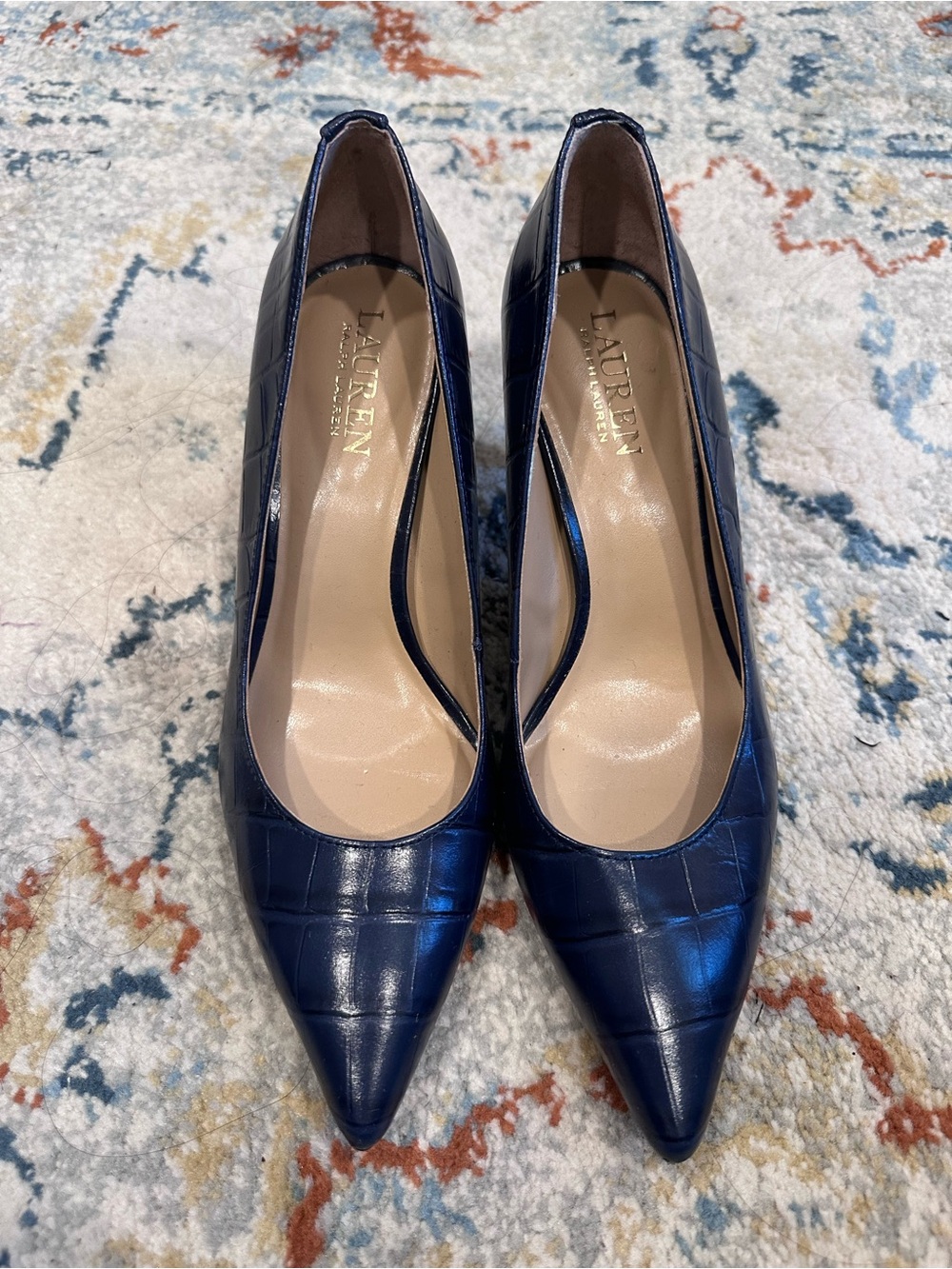 Lauren Ralph Lauren Navy Croc-Embossed Pointed Leather Pumps